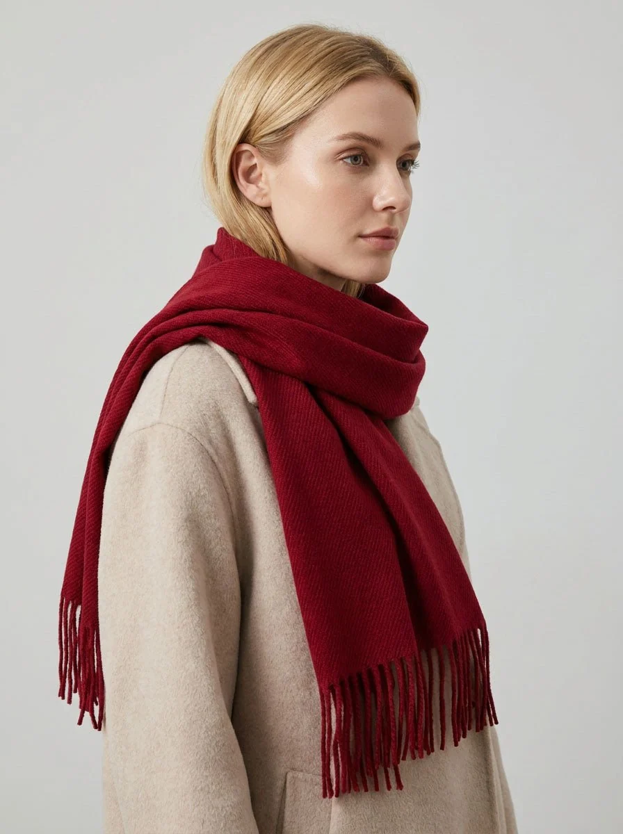 Women Solid Cream Herringbone Woven Scarf - Imagen 5