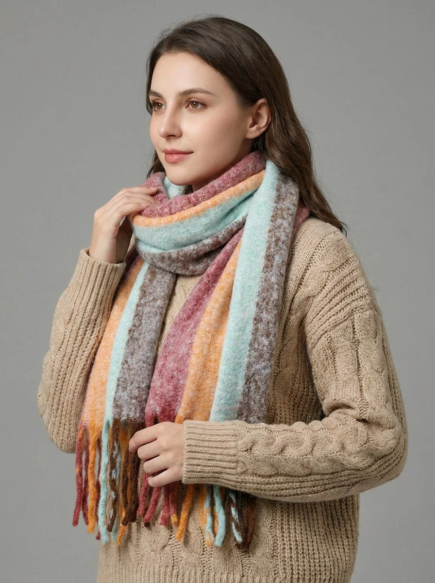 Women Soft Color Block Fringe Scarf - Imagen 4