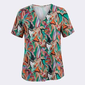 Blusa mujer tela cerrada con cuello pico estampado abstracto floral