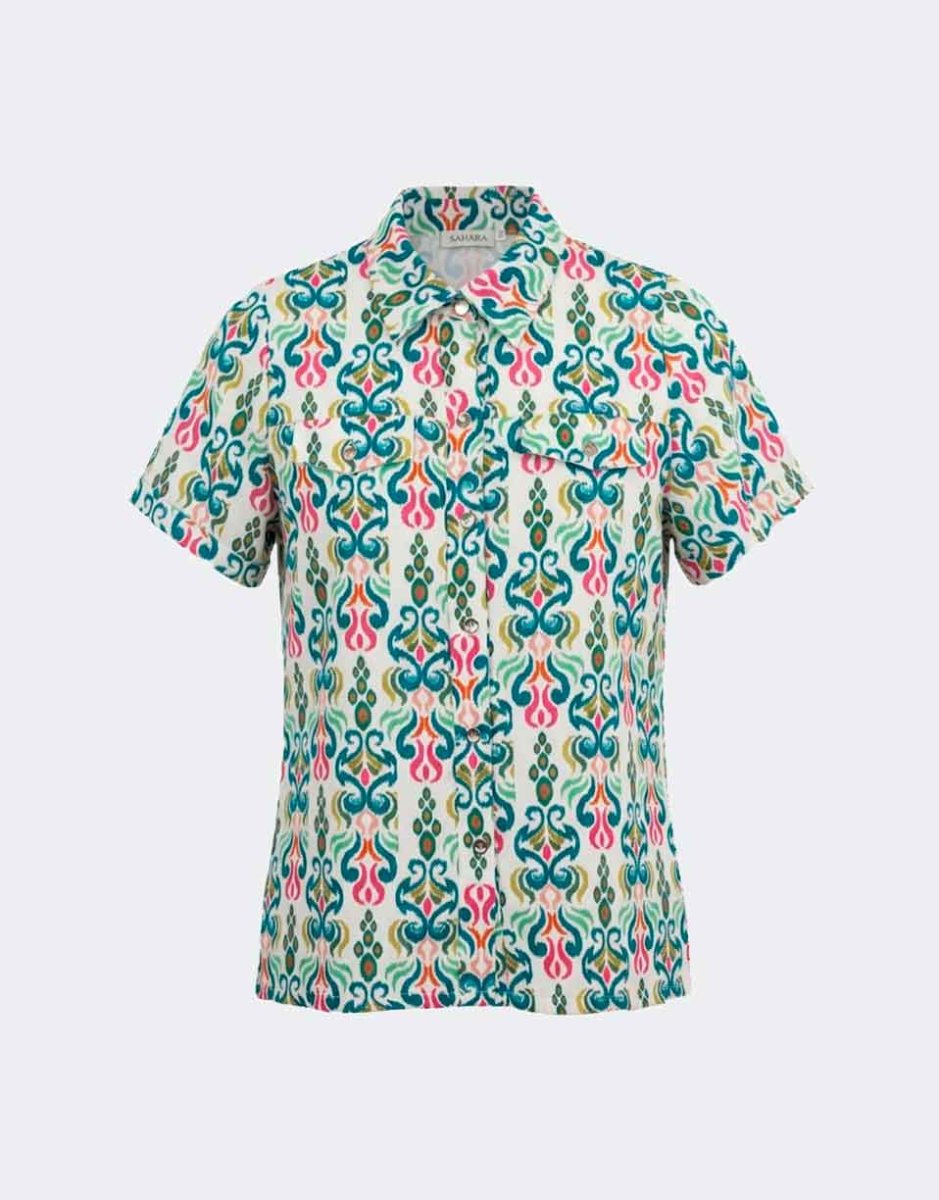 Blusa mujer tela manga corta cuello camisero estampado de colorines - Imagen 2