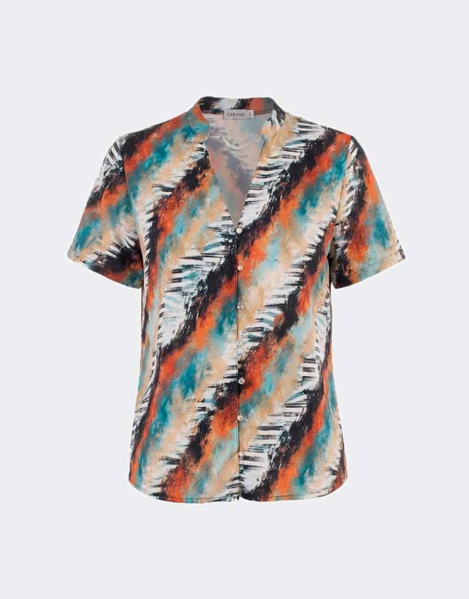 Blusa mujer tela cuello mao acabado en pico manga corta estmpado abstracto en negro, naranja, beig, azulado y negro
