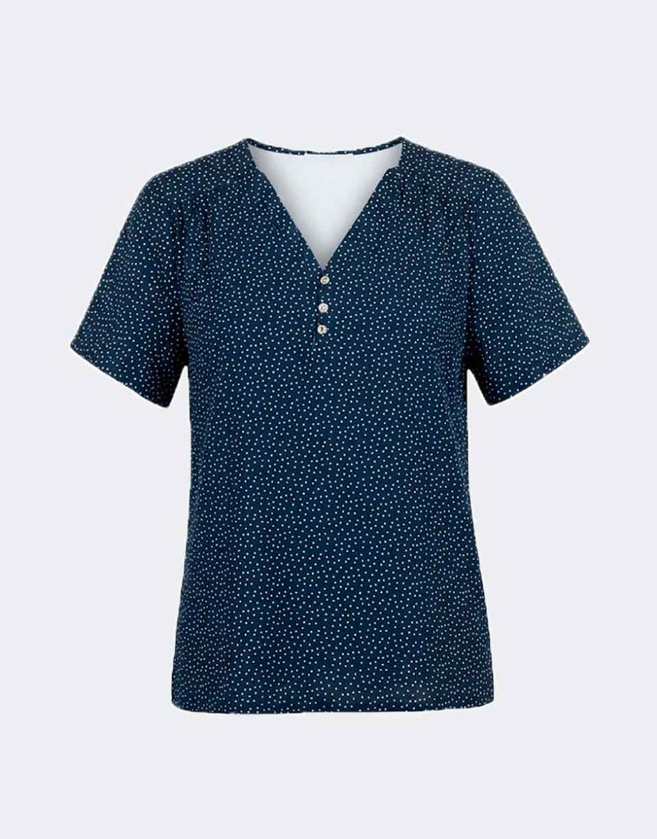 Camiseta mujer tela manga corta con escote pico con botones estampado pequeño en marino y blanco - Imagen 2