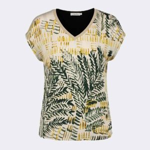 Camiseta manga caída mujer tela en delantero y punto detrás escote pico  estampado abstracto en verde