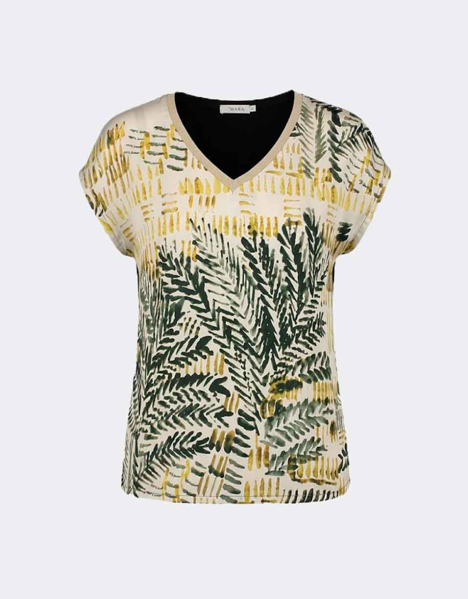 Camiseta manga caída mujer tela en delantero y punto detrás escote pico estampado abstracto en verde