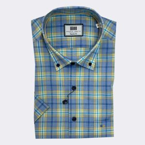 Camisa de  hombre manga corta con cuadros azul celeste, amarillo y verde