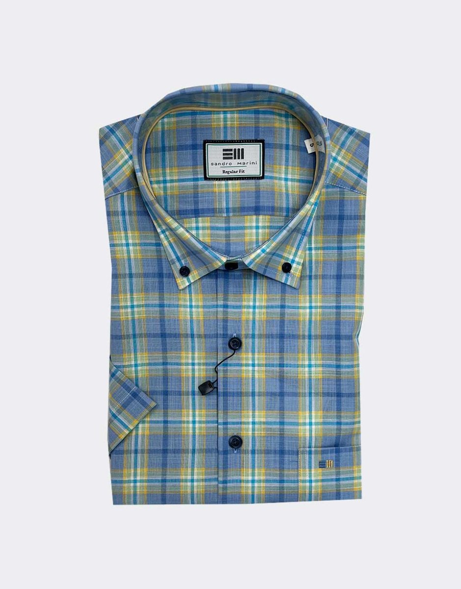 Camisa de hombre manga corta con cuadros azul celeste, amarillo y verde - Imagen 2