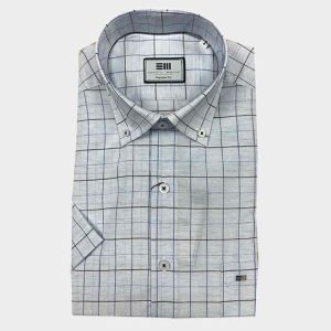 Camisa hombre en manga corta cuadros medianos finos en azul y marrón