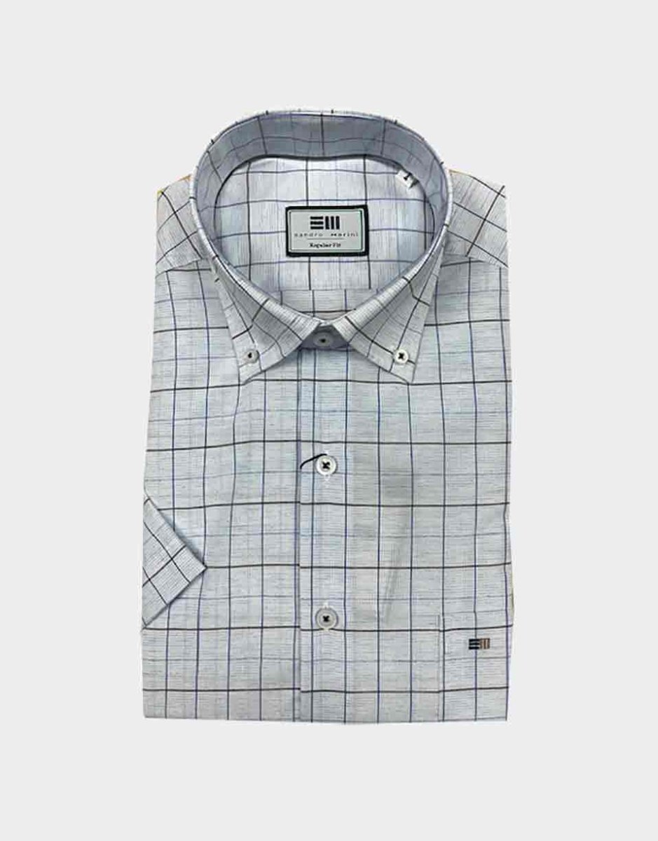 Camisa hombre en manga corta cuadros medianos finos en azul y marrón