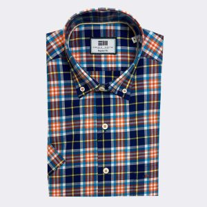Camisa hombre manga corta cuadros azules, amarillo y naranja