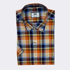 Camisa hombre manga corta cuadros beig, verde, azul y naranja