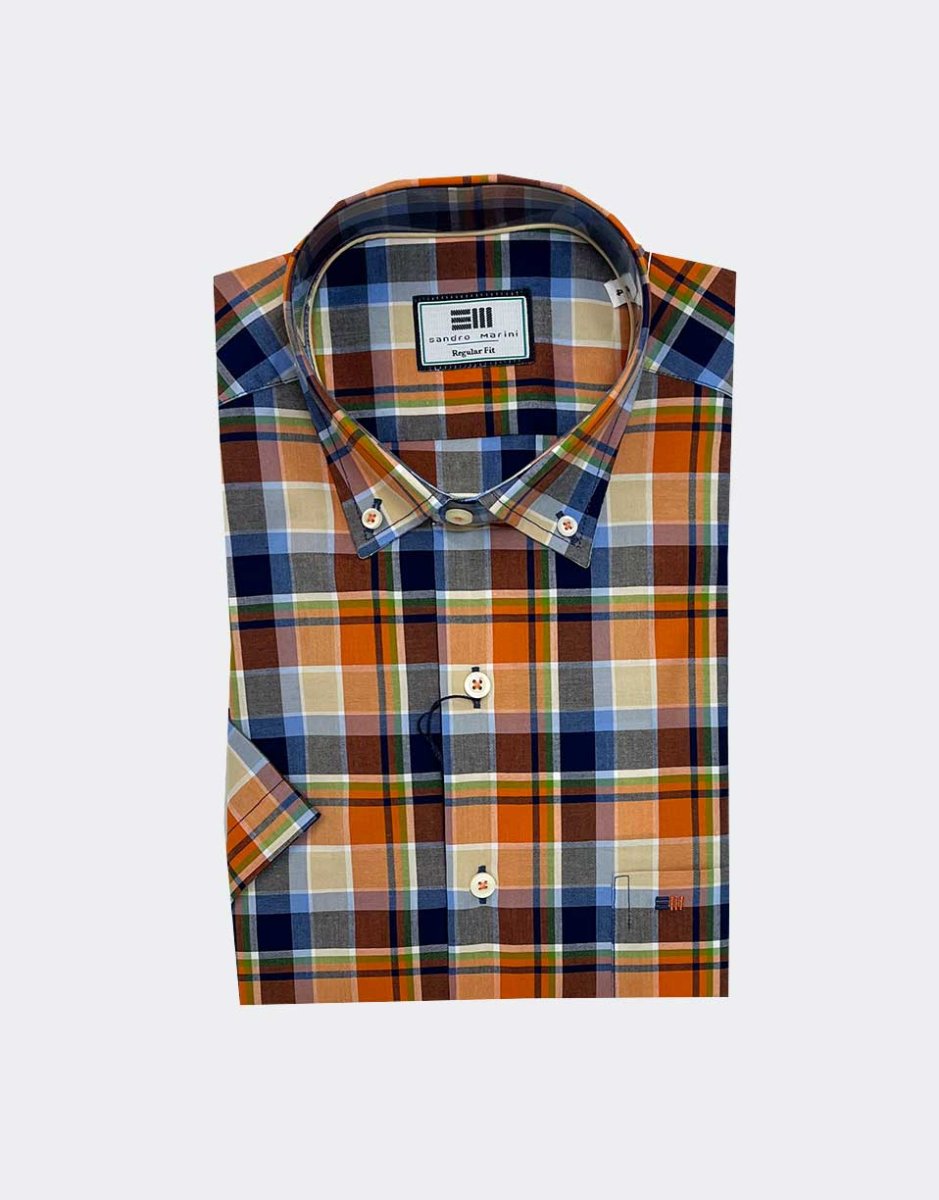 Camisa hombre manga corta cuadros beig, verde, azul y naranja - Imagen 2