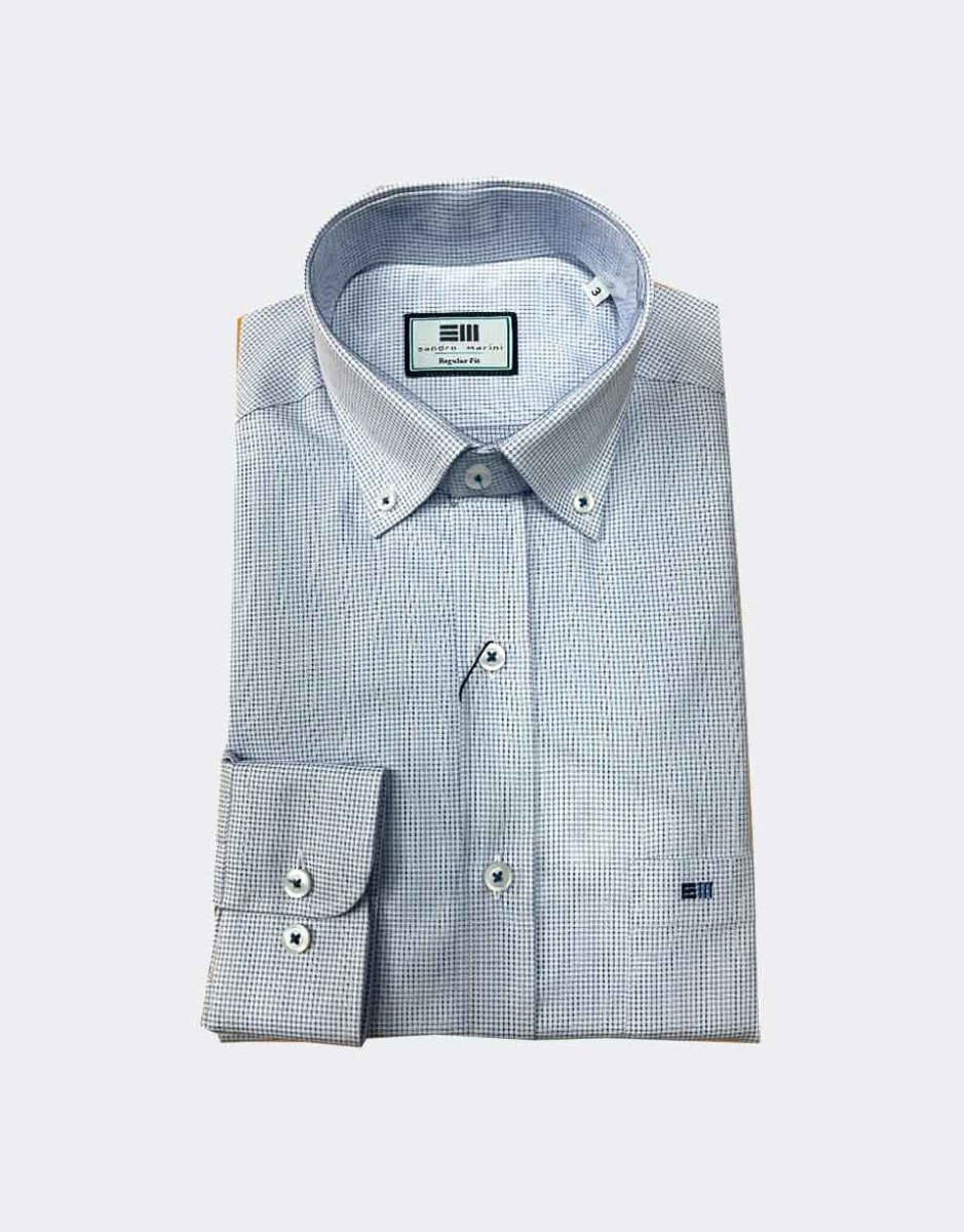 Camisa hombre manga larga tela fina pequeña muestra en azul