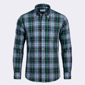 Camisa hombre tela fina manga larga cuadros grandes gris, azul y verde