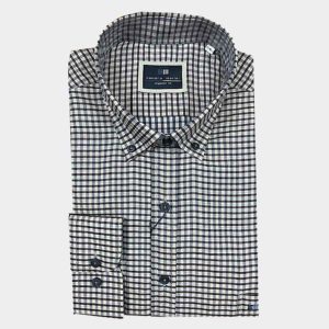 Camisa hombre tela fina manga larga con cuadros pequeños en tonos marrón y marino