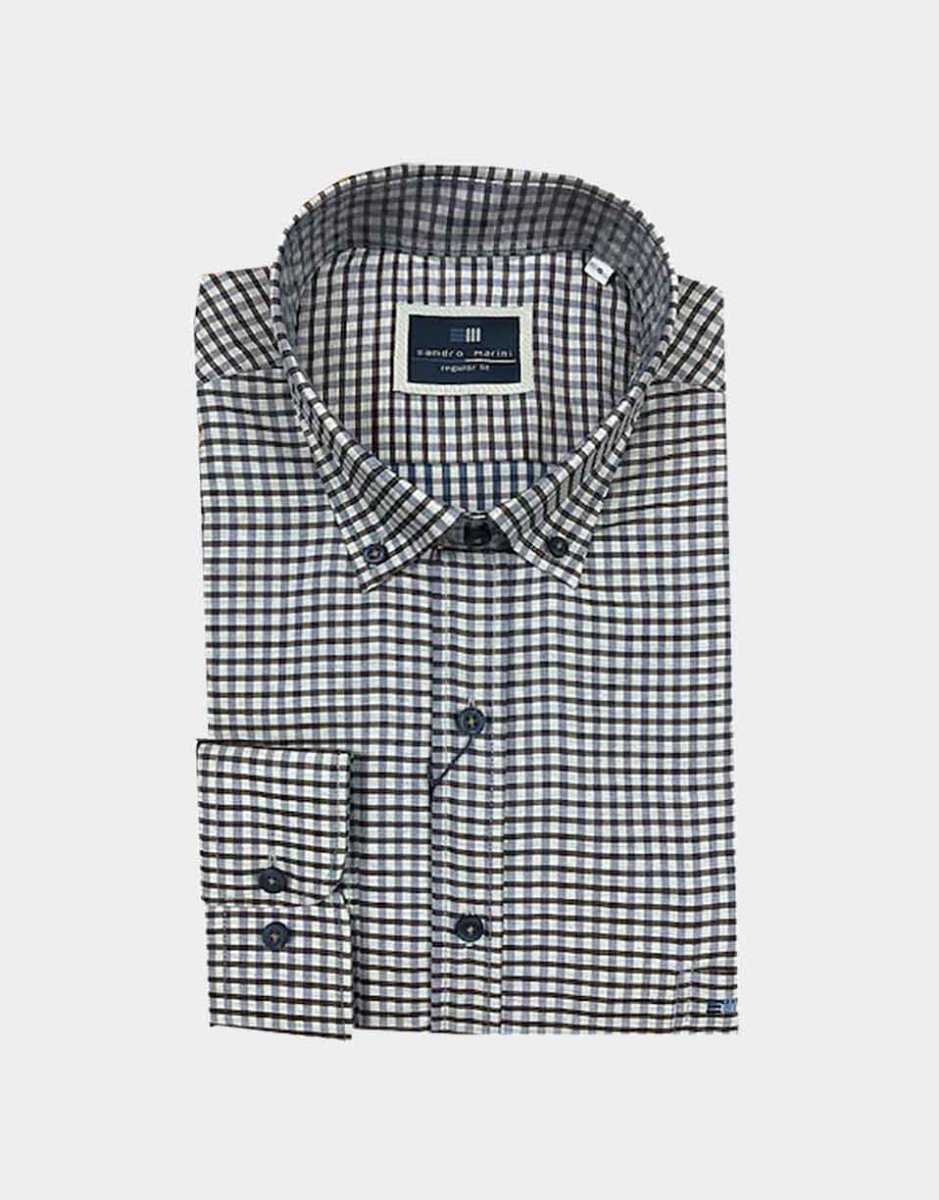 Camisa hombre tela fina manga larga con cuadros pequeños en tonos marrón y marino - Imagen 2