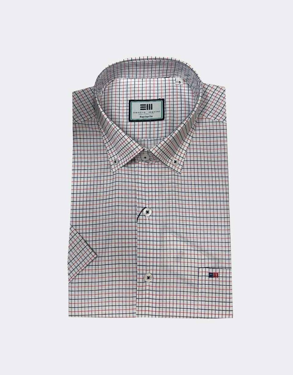 Camisa manga corta hombre cuadro fino azul rojo - Imagen 2