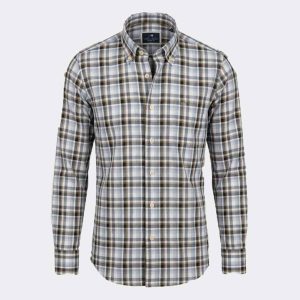 Camisa tela hombre cuadros medianos tono tierra