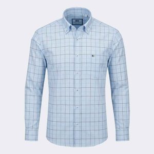 Camisa manga larga hombre tela fina en cuadros medianos finos en azul y marrón