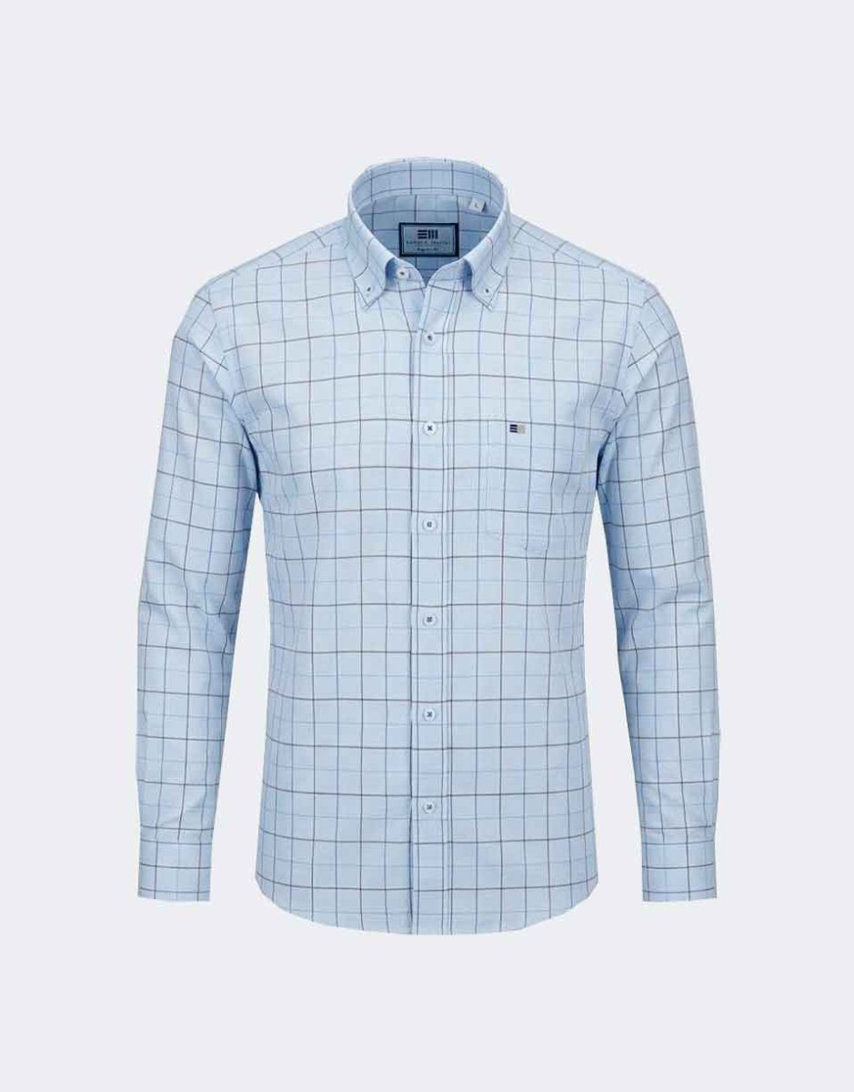 Camisa manga larga hombre tela fina en cuadros medianos finos en azul y marrón - Imagen 2