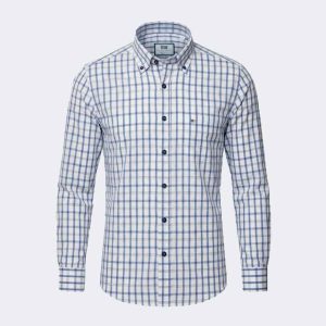 Camisa tela fina manga larga hombre cuadros azul y beig