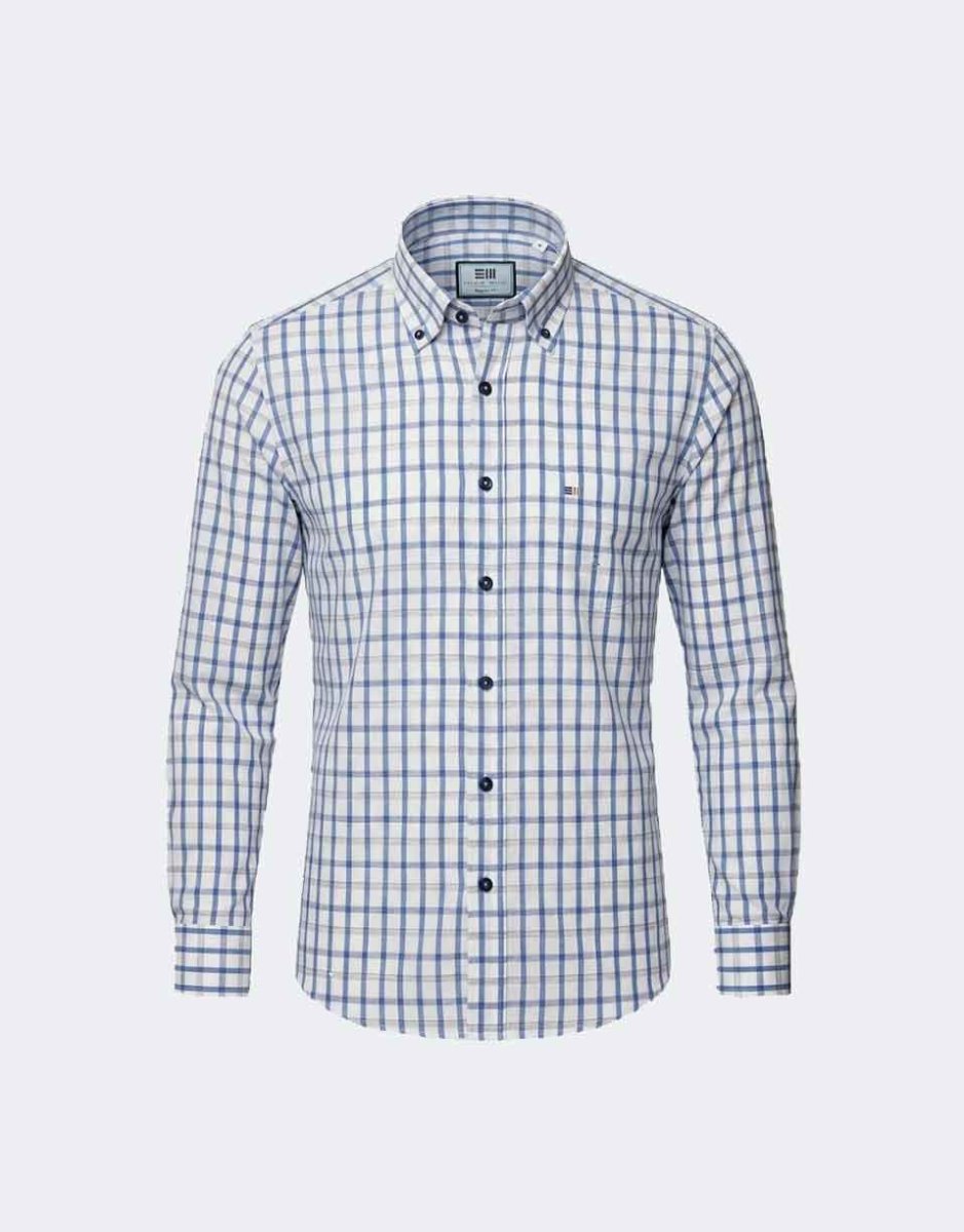 Camisa tela fina manga larga hombre cuadros azul y beig