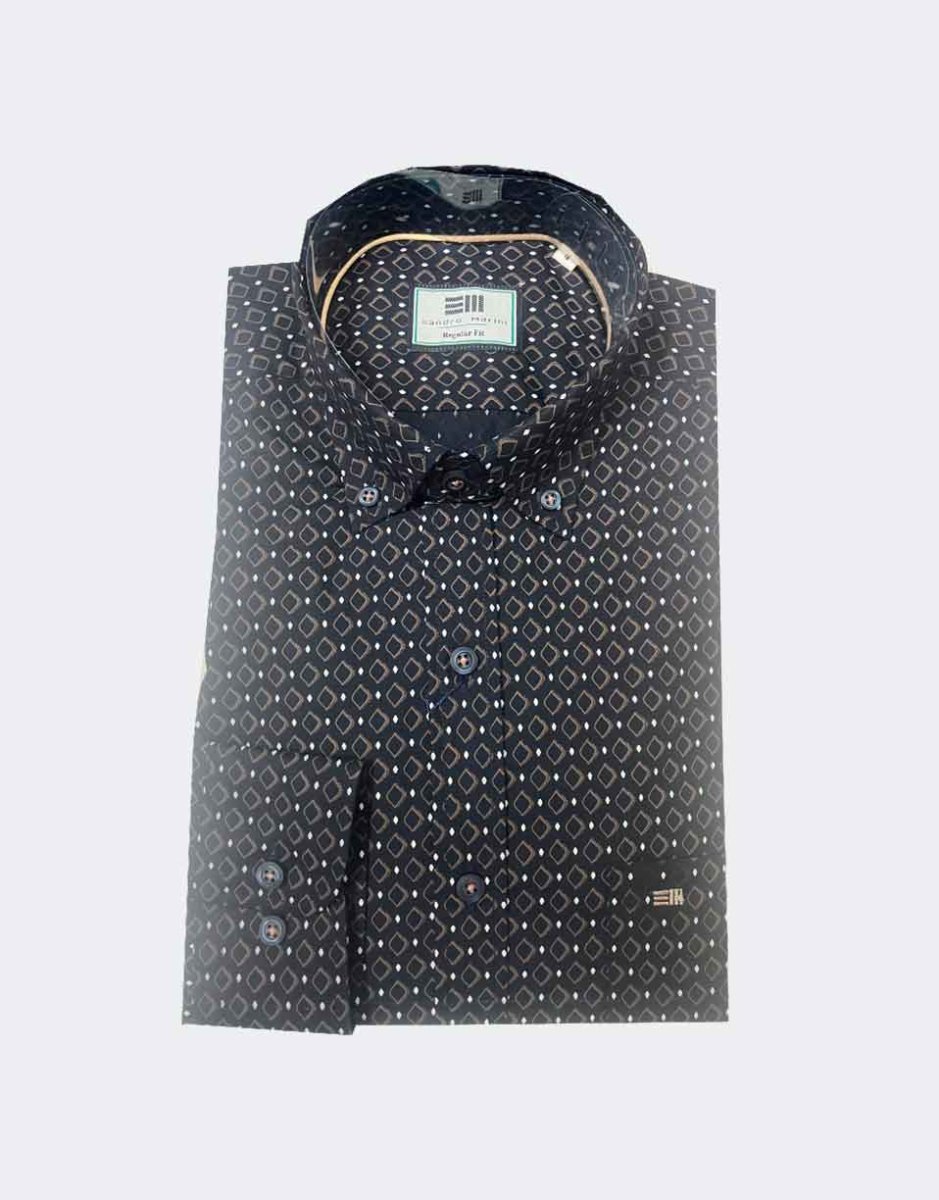 Camisa hombre tela fina manga larga color oscuro con estampado rombo