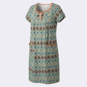 Vestido bata MANGA CORTA mujer tela detalle botones en canesú estampado abstracto efecto ‘azulejos’ en verdoso, amarillos y naranjas