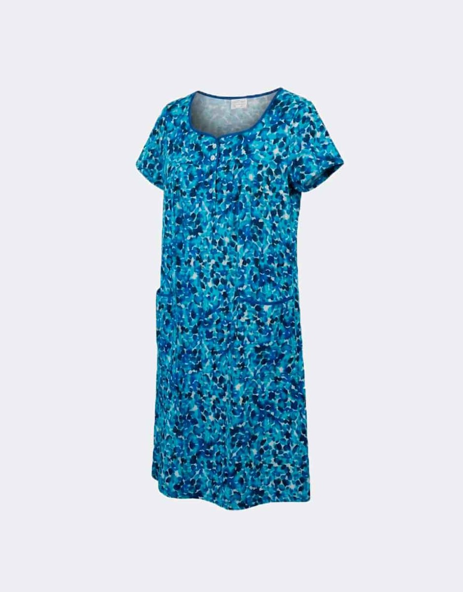 Bata vestido tela MANGA CORTA mujer detalle botones en canesú estampado hojas azul - Imagen 2