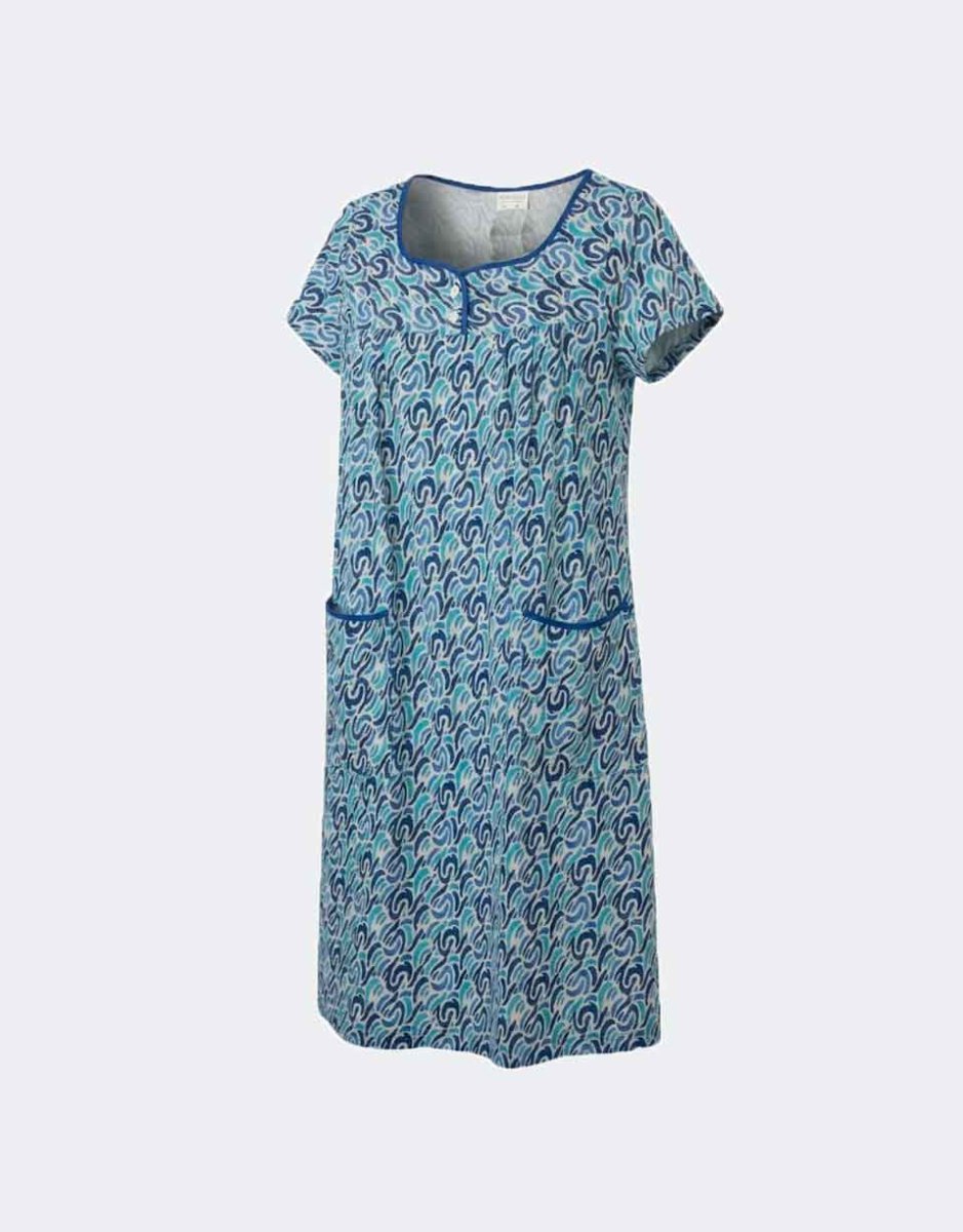 Bata vestido MANGA CORTA mujer tela detalle botones en canesú estampado ‘pinceladas’ azul - Imagen 2