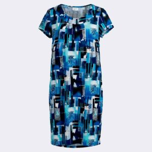 Vestido bata de mujer punto escote fruncido estampado abstracto bigarrado en azules y negros con toques en blanco con relieve