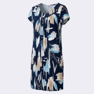 Vestido bata escote fruncido mujer punto estampado abstracto pinceladas azul, beig, blanco
