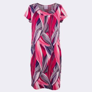 Vestido bata mujer punto escote fruncido estampado abstracto efecto hojas con cadenitas en rosa, marino y blanco