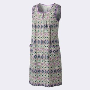 Vestido bata SIN MANGAS mujer tela detalle botones en canesú estampado abstracto efecto ‘azulejos’ en lilas y verdosos