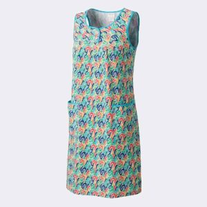 Vestido bata mujer SIN MANGAS tela detalle botones en canesú estampado abstracto de colorines vivos