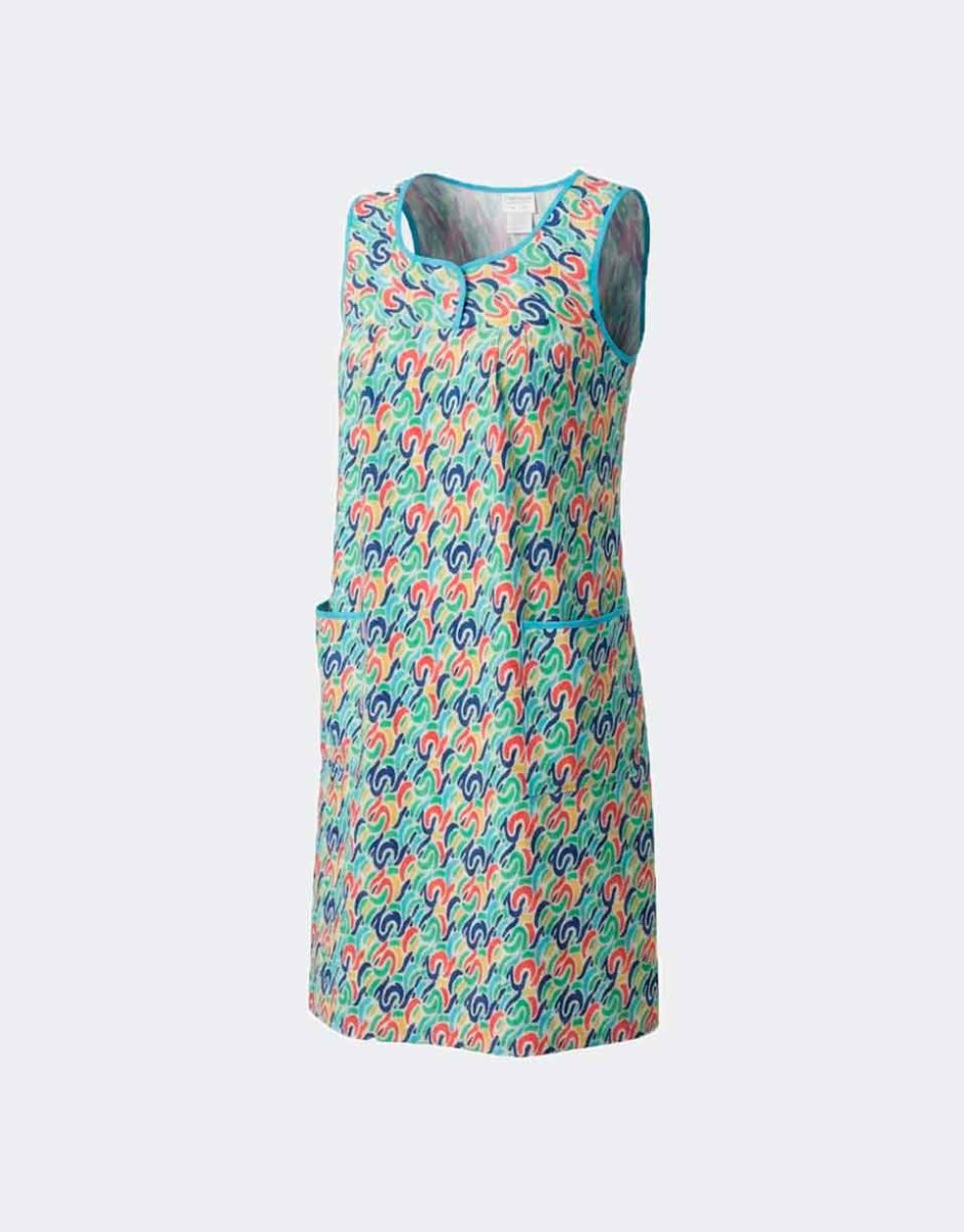 Vestido bata mujer SIN MANGAS tela detalle botones en canesú estampado abstracto de colorines vivos - Imagen 2