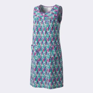 Vestido bata mujer tela SIN MANGAS detalle botones en canesú estampado abstracto lila, rosa y verde
