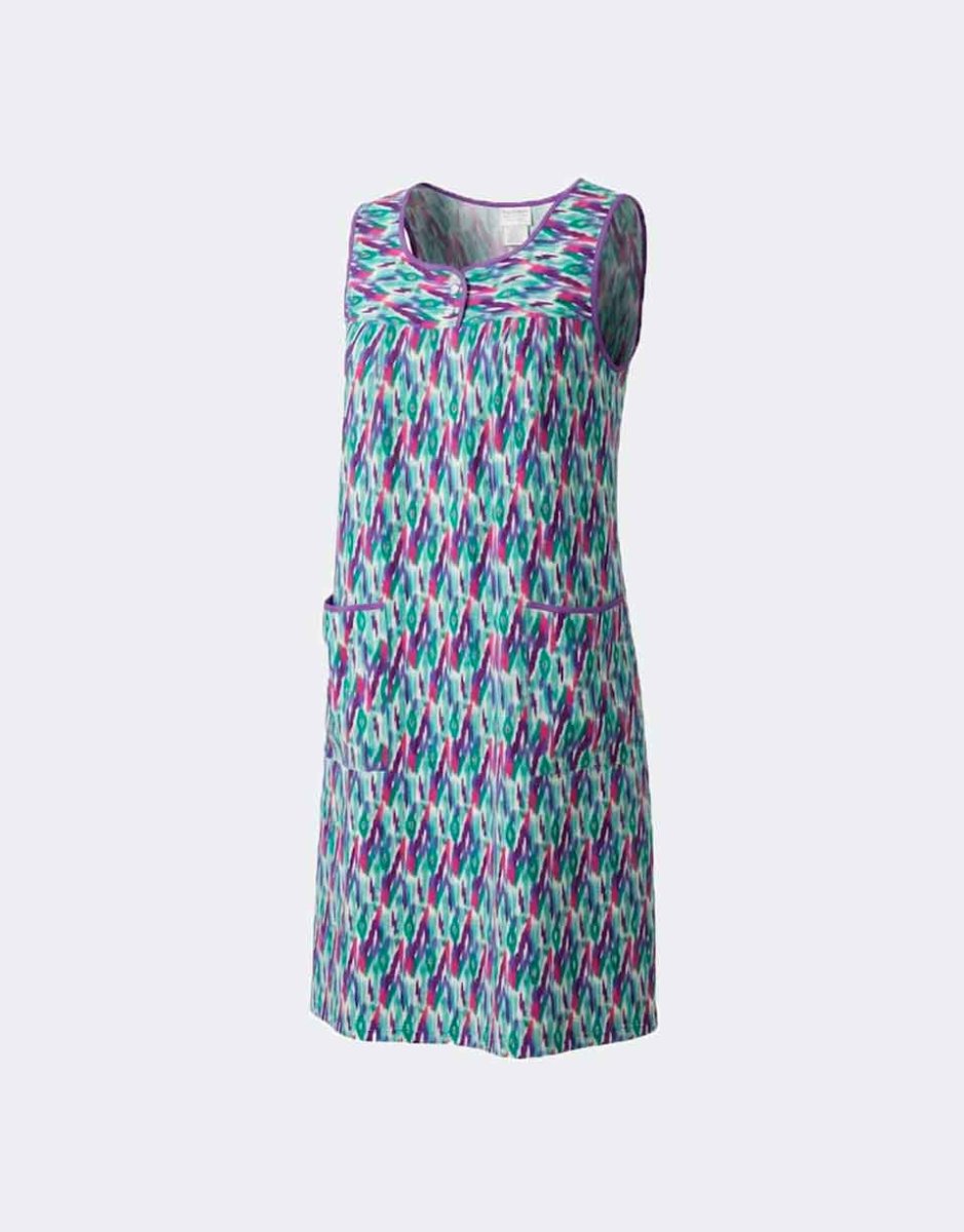Vestido bata mujer tela SIN MANGAS detalle botones en canesú estampado abstracto lila, rosa y verde