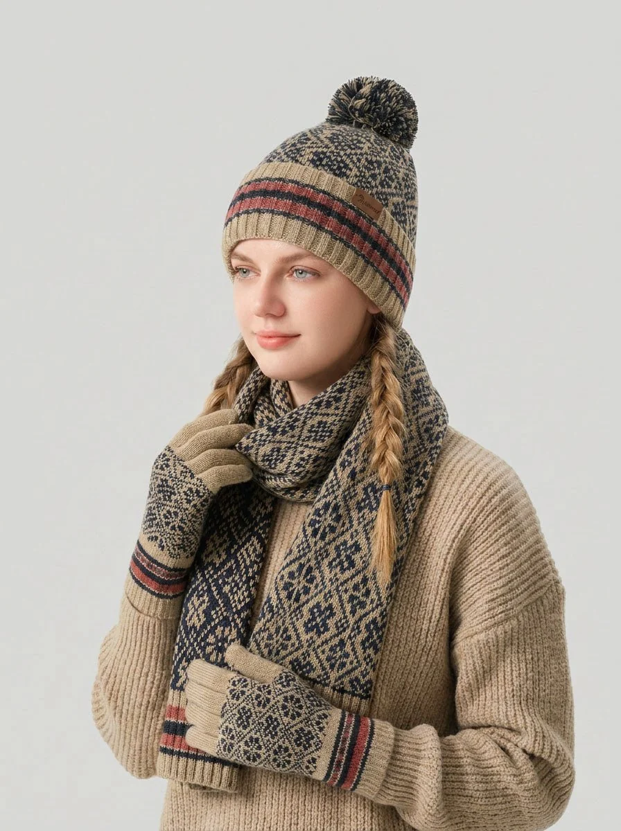 Vintage Jacquard Knit Hat Scarf Gloves Set - Imagen 6