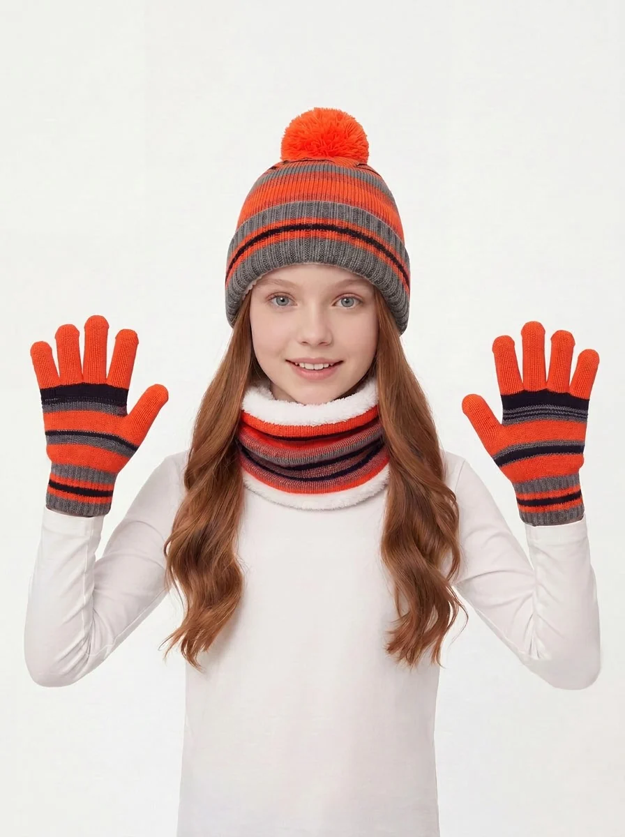 Kids Stripe Plush Pom Knit Hat Scarf Gloves Set - Imagen 6