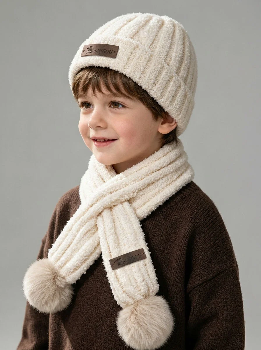 Kid Fuzzy Plush Knitted Hat Scarf Winter Set - Imagen 5