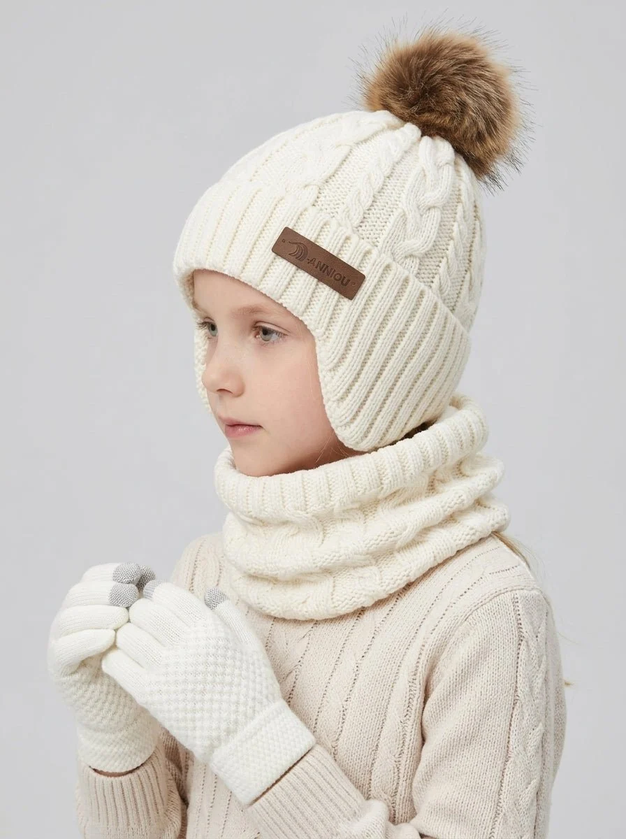 Kids Ear Flap Plush Pom Knit Hat Scarf Gloves Set - Imagen 5