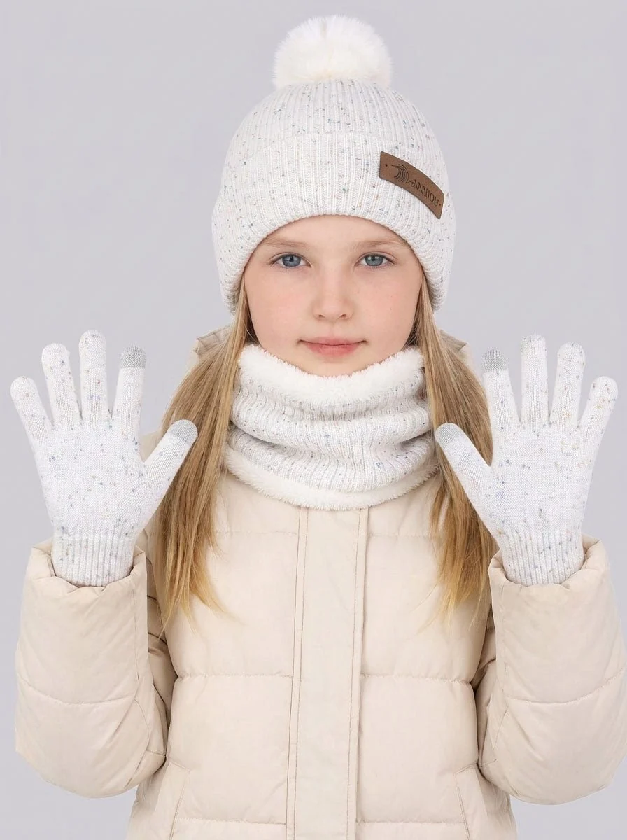 Kids Pom Pom Fleece Knit Hat Scarf Gloves Set - Imagen 4
