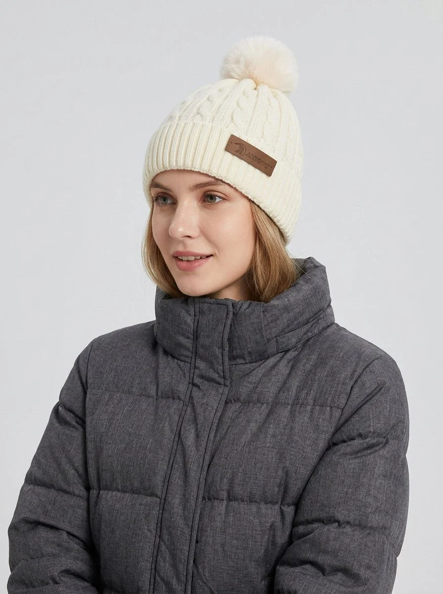 Women Cable Knitted Pom Beanie Hat - Imagen 8