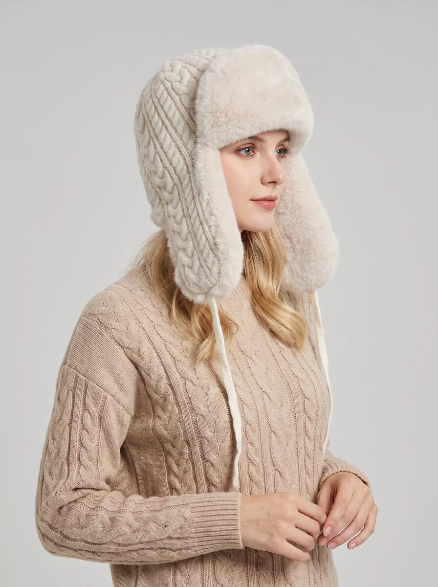 Women Knit Faux Fur Ear Flap Trapper Hat - Imagen 5