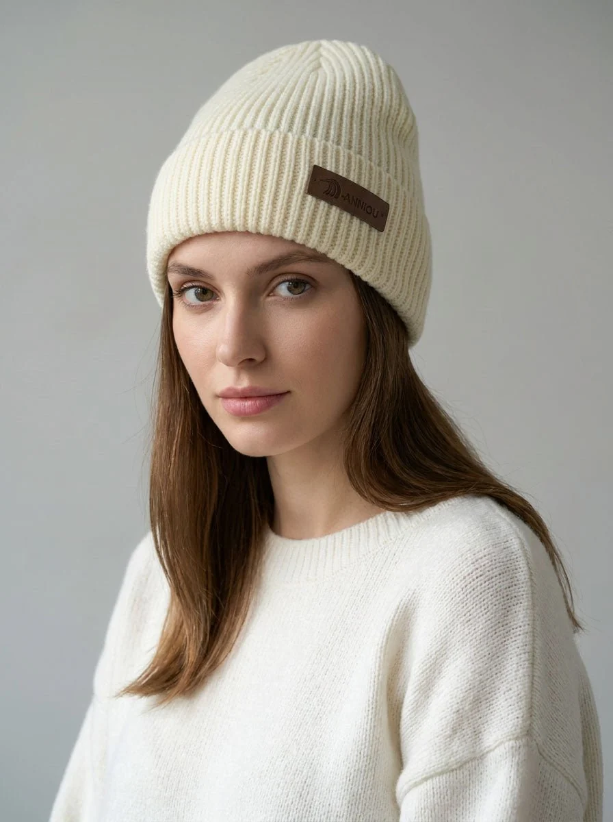 Women Rib Knit Leather Patch Beanie Hat - Imagen 4