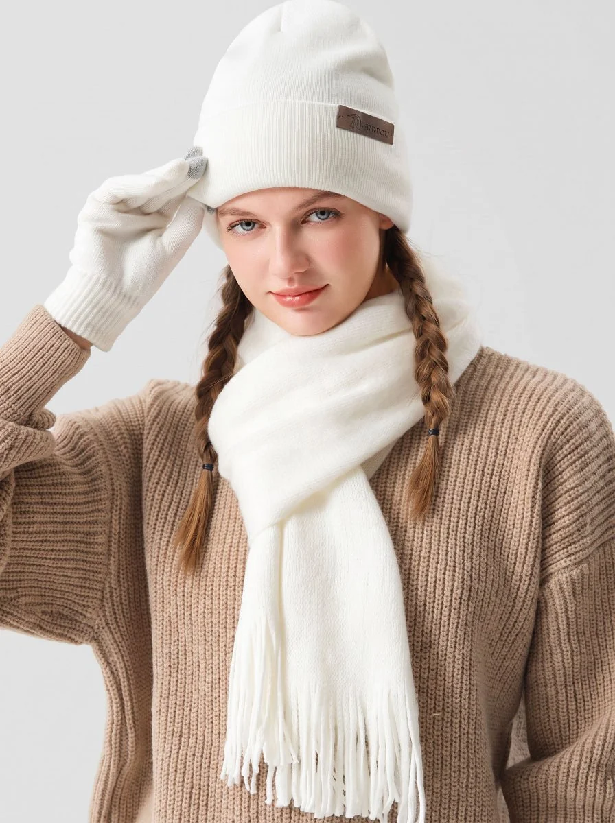 Women Soft Knitted Hat Scarf Glove Set - Imagen 6