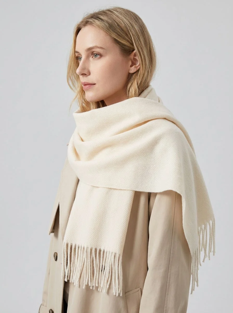 Women Solid Cream Herringbone Woven Scarf - Imagen 4