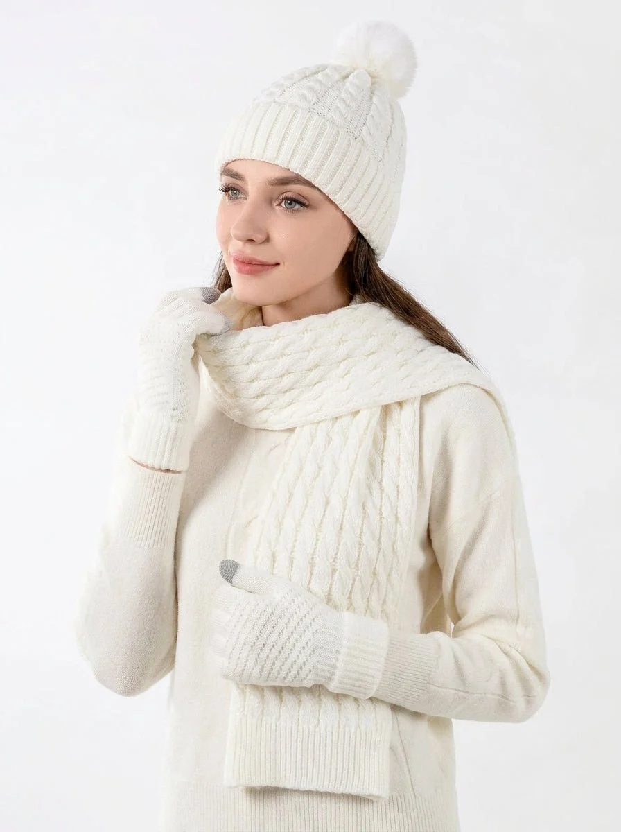 Women Twisted Cable Pattern Knit Hat Scarf Gloves Set - Imagen 4