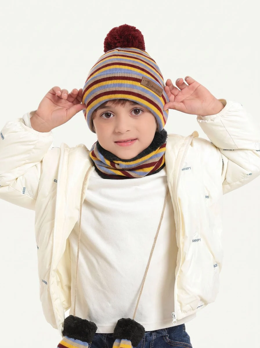 Kids Striped Knit Hat Scarf Mittens Set - Imagen 9