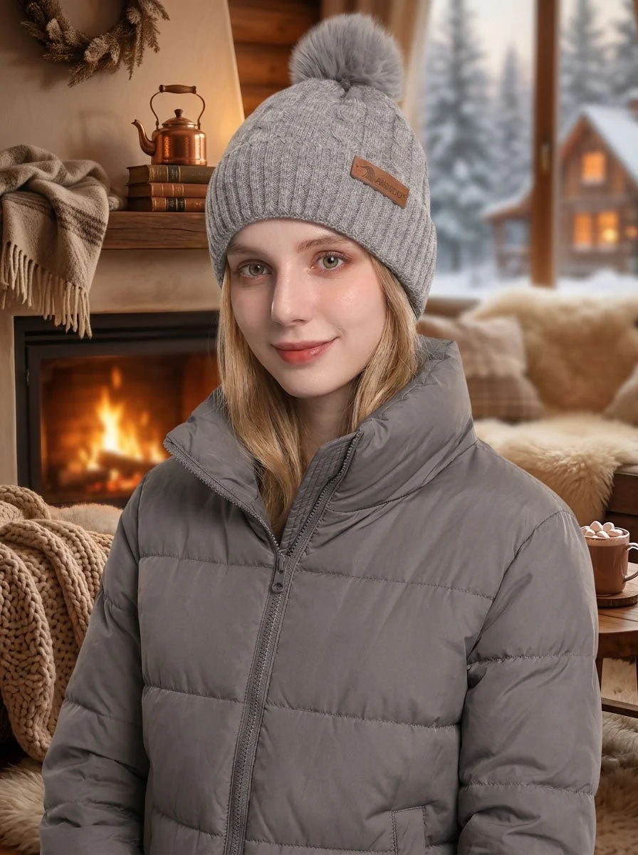 Women Cable Knitted Pom Beanie Hat